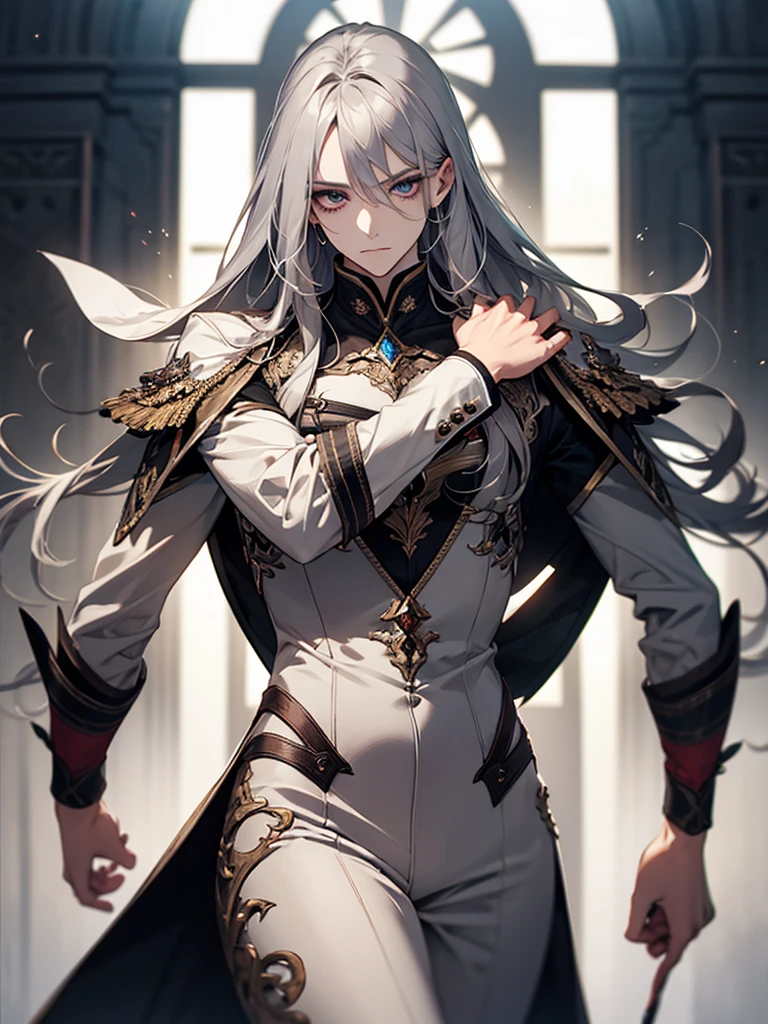 man, masculine, masculine face, attractive, muscular, ((1man)), masterpiece, absurdres, best quality ,intricate details , (shiny skin, shiny body, shiny oily luster skin, shiny hair, pale skintone), Sundown, attractive, ((muscular)), adult, one,medieval clothes, earrings, black pants, Don't look at the view , Not looking at the view, silver long hair, perfect detailed face, perfect detailed hands, wolf ears, wolf tail, gold eyes, ((MLS)), smirk, medium large shoot, 3/4 shoot, ((knee high photography plane))