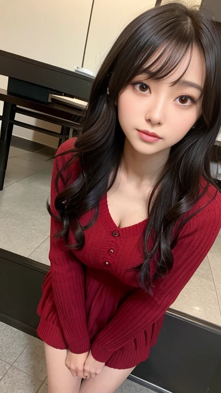 (Extremely detailed, underground parking, fine, slightly fat, busty, big breasts, big breasts, M cups, sexy, red crewneck dress, conservative, delicate face, large aperture, close-up of people)