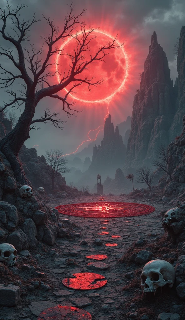flyer for metal event Scary cave with skulls on the floor, goats and with a red moon and on the wall is the phrase Blood Moon Fest