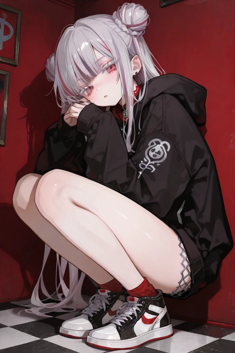 ((masterpiece, best quality, extremely detailed CG, unity 8k wallpaper,anatomically correct,ultra resolution)),Award-winning photography,(best illumination,Very Delicate and Beautiful),(one girl,solo,loli:1.5),(Vampire:1.45),silver hair,(twintails:1.2),glowing red eyes,(pale skin:1.45),(extremely beautiful and detailed face:1.2), (extremely beautiful and detailed eyes:1.2),perfect hands,delicate legs,((bat hair ornament)),(graceful,fashion),pointy ears,((nike hoodie:1.4,sports shorts,sports shoes,black leather gloves,black naked socks)),looking at viewer,(drinking cola:1.3),(cute:1.5),((night, dark atmosphere, dark theme, darkness:1.5)),dramatic shadows,(dimly lit:1.5),blood on face,blood on floor, blood on walls,(blood mist,blood splash:1.4),depth of field,(indoor:1.2,KFC:1.3,cola),(perfect human body structure with maximum precision)
