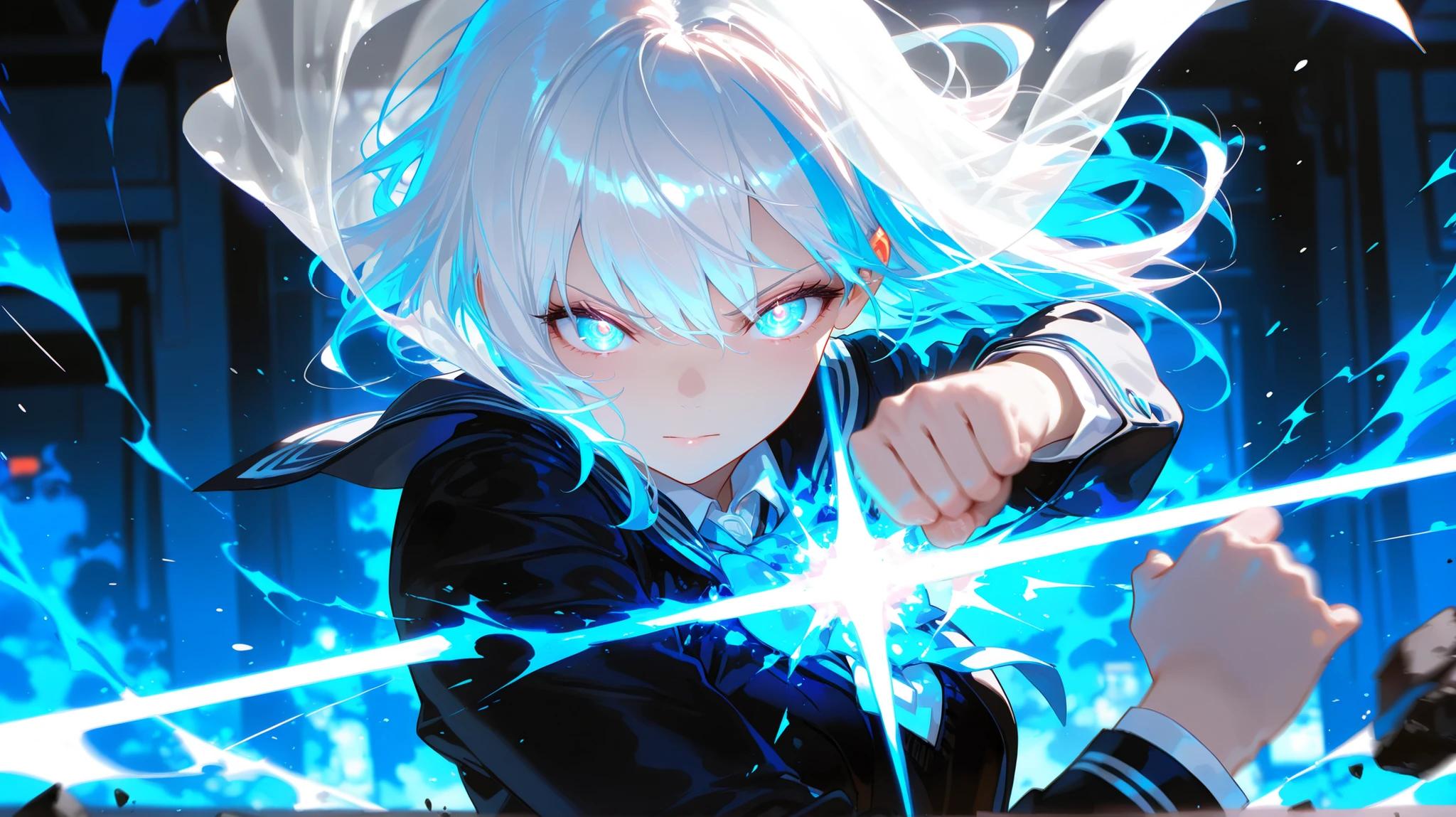 1girl, white hair, multicolor hair, school uniform, powerful stance, breaking through dark wall or veil, energy wave exploding behind her, eyes glowing faintly blue, school uniform fluttering in motion, dramatic pose, monochrome base with intense blue sparks, cinematic lighting, motion blur, sharp contrast, Depth of field, 748cmstyle, (((masterpiece))), (((best quality))), (8k), (detailed illustration), (((detailed beautiful face and eyes))), (((super fine illustration)))