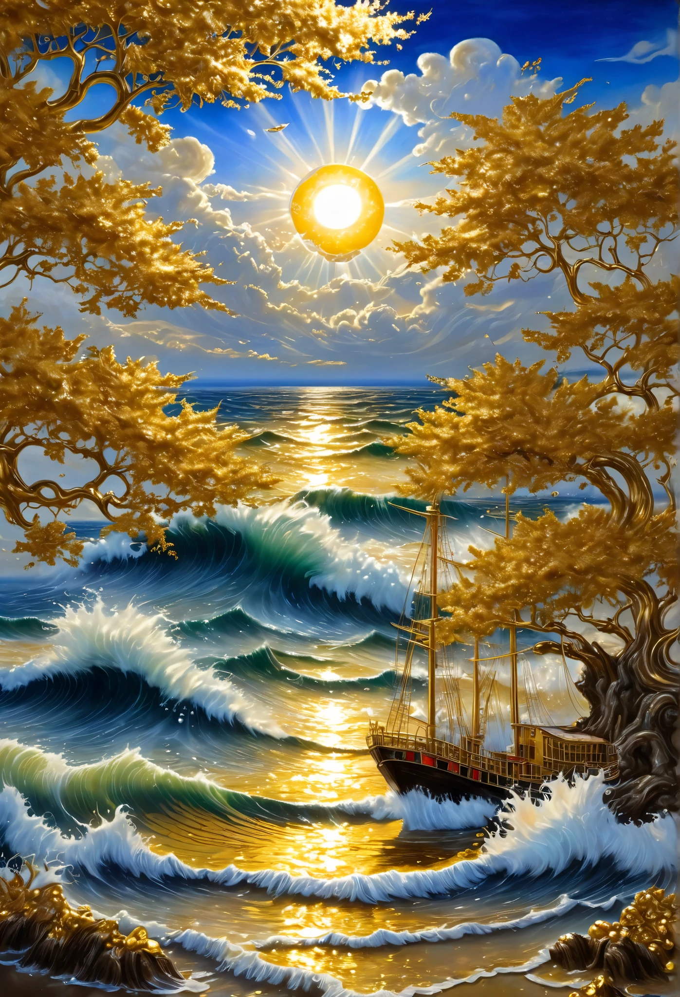 ((Gold leaf Art:1.5)), Art, (masterpiece),(Top quality:1.0), (Ultra high resolution:1.0), detailed painting, complicated, Seaside Paintings, Sun in Waves, Clouds and Ships on the Horizon, all in Art style in gold leaf:1.5, (( Magical, beautiful , Different world, golden tree 々:1.4 )), (( Top quality, vibrant, 32K, Clear Light and Shadows)) .