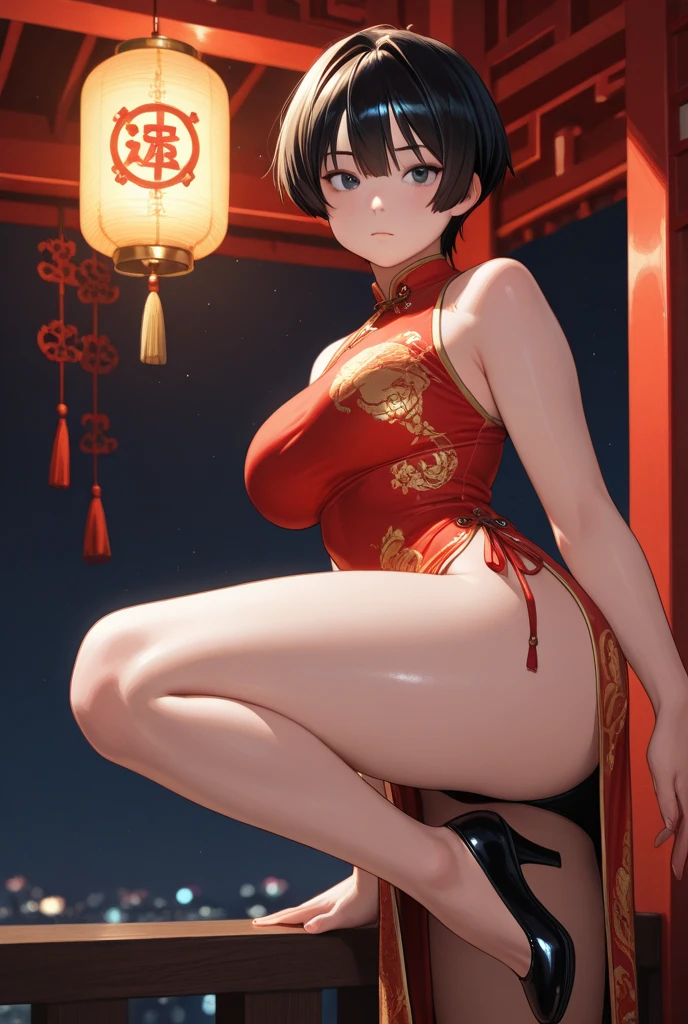 4K, high quality, Soft Light, Cartoon shading, Thick Line, Black short hair, black eyes, sexly, Large Breasts, Thick thighs, Wide hips, Chinese dress, Leg slits, muscular, tune, long flowing Chinese dress, Gorgeous, Jewelry, Hair Bun, Hair accessories, sexly anime lady, Thickness, plump lady, Hip Thickness