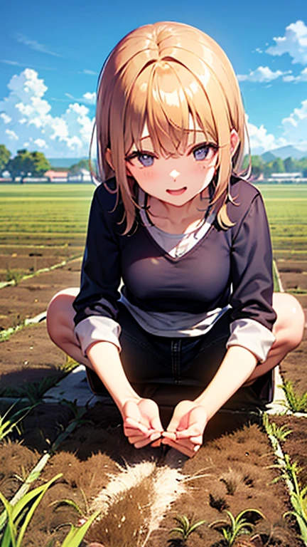 (((Background countryside rice fields))、Big Breasts、Plump、girl、Dark pink hair、Bob Hair、White shirt、Hemming your trousers、((((Crouching)))(((slouch)))((Rice planting)),((、(((barefoot)))