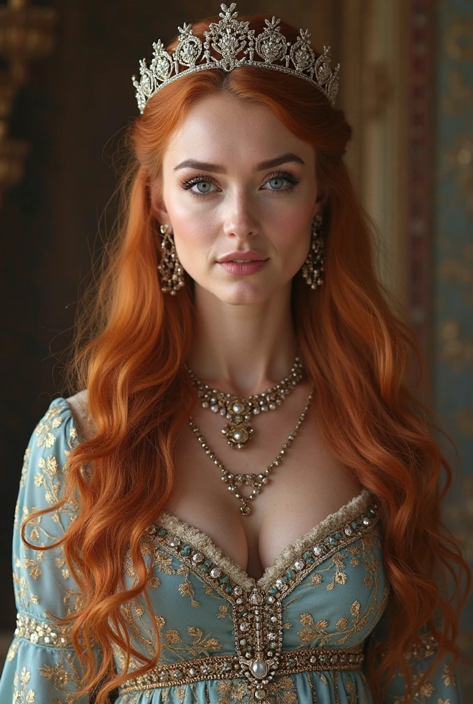 Face of Sophie Turner, Sansa Stark played by Sophie Turner, the de facto Lady of the Eyrie, is a 40-year-old mature queen with a stunning, alluring appearance. Full Face, pierced eyes, reddish lips, upper body shot, erotic Mediaeval costumes, game of thrones costumes, She wears a Game of Thrones-inspired costume and has a deep cleavage, a perfect thick body, and a perfect thick figure. The photograph captures her in a close-up, with her skin texture and facial features being ultra-realistic and realistic. Juicy thick figure, juicy lips, highly detailed armpits, armpits crease, high quality skin, Skin pores, amazing details, 