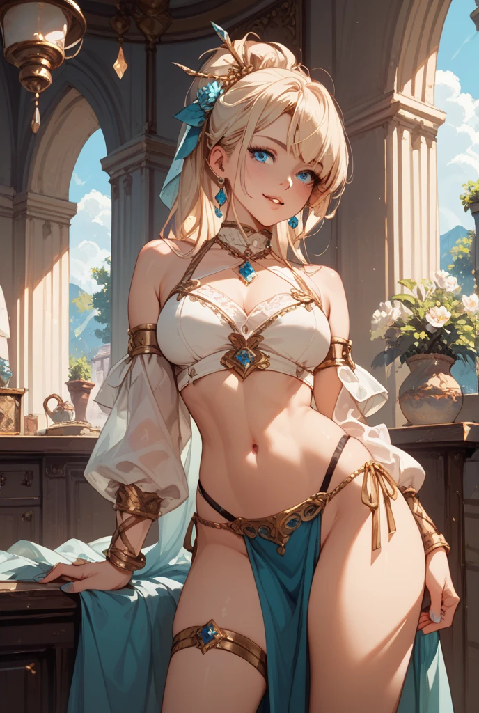 nsfw:1.6, Top quality, masterpiece, ultra high resolution, , (top quality, high resolution, 4K, detailed lighting, shaders, perfect anatomy, perfect proportions), eye of the beholder, (masterpiece, top quality) (top quality, 4K, 8K, high resolution, masterpiece: 1.2), highly detailed, (masterpiece: 1.3, top quality, ultra high resolution, ultra detailed), (top quality: 1.2), perfect eyes, perfect face, perfect lighting, (top quality, 4K, 8K, high resolution, masterpiece: 1.2), highly detailed, (top quality, 4K, 8K, high resolution, masterpiece: 1.5), highly detailed, masterpiece, top quality, ultra detailed, top quality, high resolution, 32K CG, very delicate and beautiful, illustration, high resolution, sharp focus, front lighting, glow, girl 1 person, solo, smiling, very beautiful and detailed anime face, very detailed eyes, ((masterpiece)), ((best quality)), (super detailed), ((cute)), cute, ((very detailed)), 4K, (8K), best quality, (best quality, 8K, 32k, masterpiece, super high resolution, very detailed, impressionistic:1.2), blurred background, (((two arms))) , (((two foot))), (((four fingers and 1 thumb))), Best quality , ((only one naval)),
(((Beautiful girl))). (White blonde hair). ((((Breasts, nipples and pussy not covered)))). (Dark skin: 1.6). ((Nicely trimmed blonde pubic hair)). (((Evening updo))). ((((Princess belly dancer)))). ((Tiara)). ((Bangs swept to the side to show forehead)). Beautiful blue-green eyes. ((Realistic pupils)). (Plump lips with rouge). ((Big breasts)). (Full breasts). (Well shaped breasts). (Small pink nipples). (Neat waist). Perfect proportions. ((((Slender body)))). ((Well-proportioned body)). ((Sexually alluring)). Smiling. (((White choker))). Earrings. Necklace. Bracelet. Bridal garter. Anklet. (((Sexy pose))). ((Reading an old book)). ((Very wide and fantastical stairs of an old castle))). Relaxing. (((Beautiful and realistic background))).