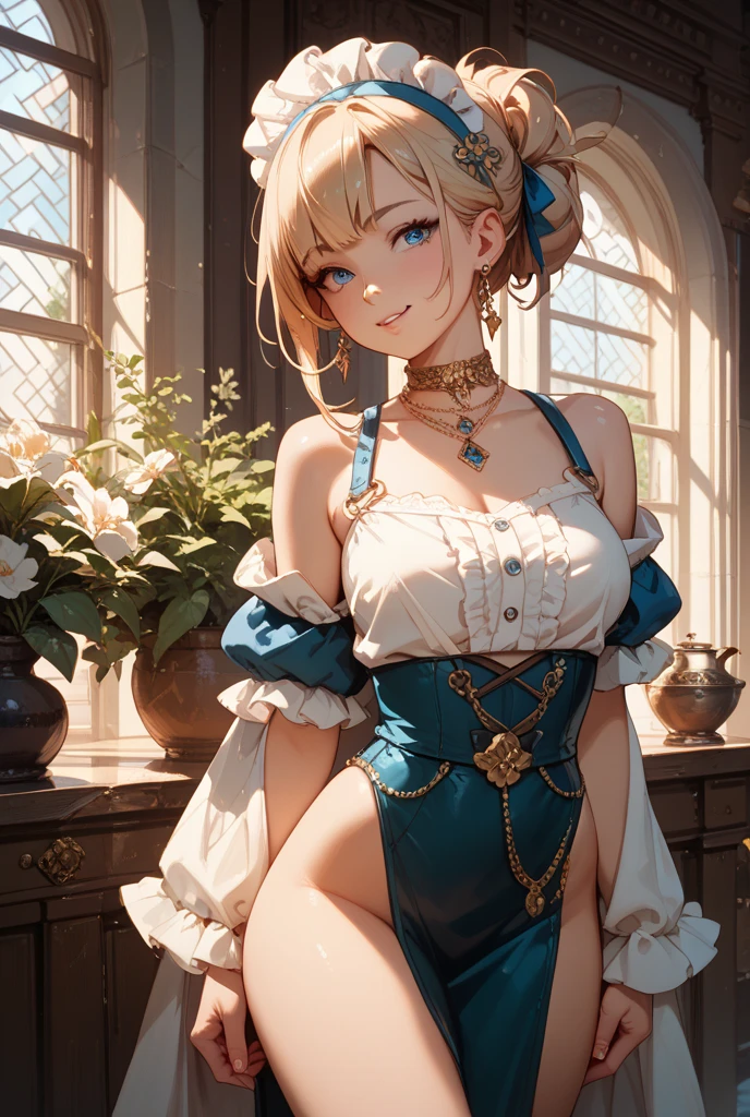 Lana Rose in a blue and white ruffled saloon girl outfit, skinny, Slim and thick, Small waist, 8K, Karabet, brothel, nffsw, Shorthair