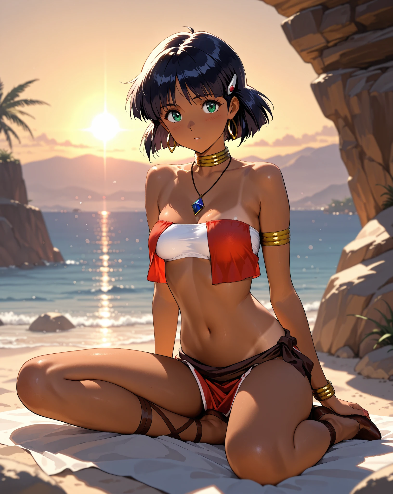 flat color masterpiece, beautiful sheena fujibayashi, hourglass body shape, black hair, ponytail, brown eyes, (eyeliner:1.2), criss-cross halter bikini, thick thighs, exotic resort pool, bokeh <lora:LowRA:0.3> <lora:add_detail:1> <lora:Sheena_Fujibayashi:0.7> <lora:hourglassv01:0.3>