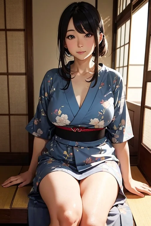 beautifulface, (photo realistic image:1.3), Rim Lighting, (High Detail Skins:1.2), 8k UHD, DSLR, hig quality, high - resolution,, 8K, vokeh, absurdress, , (Realstic:1.3), cute 1girl, Medium breasted,、bra-less、Body of the model、Long black hair、Kneeling on tatami mats with legs spread、japanese kimono