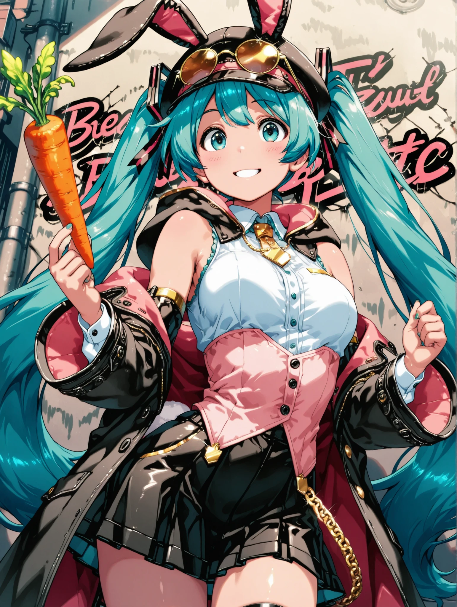 (masterpiece、Top quality、Top quality、official art、Beautiful Beautiful:1.2),Hatsune Miku、beautiful breasts、 light pink twin tails 、Confident White Rabbit Eared Female Thief,a cartoon gang rabbit with a mischievous smile, wears a flashy gold chain, sunglasses, and、gritty comic style that emphasizes tension and suspense 、Hold a carrot cigar、"Bad Bunny"Lean against a wall full of graffiti、Standing in a back alley in the city. This style combines comic exaggeration with semi-realistic textures - detailed coats and clothing, but、vibrant , has an animated expression and thick contours.