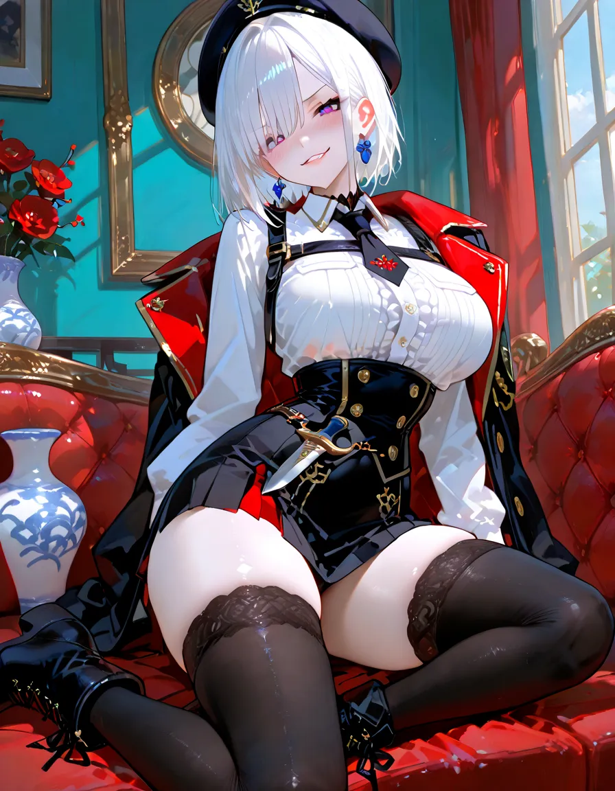 Elsa, garter belt, short white skirt, deep cleavage, sitting in a bench, big
