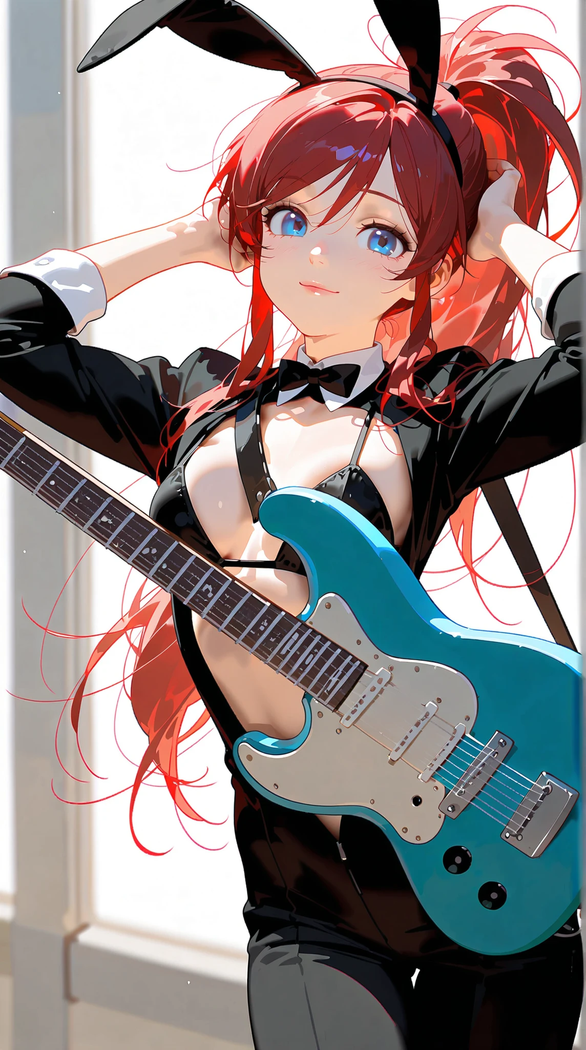 8K (high resolution) (Super Detailed) (masterpiece) (Top quality) anime illustration taste Detailed eyes Detailed face Detailed hands Delicate hair detailed wrinkles on clothes very elaborate body to hold a guitar Fine Skin healthy skin tone with ro in the background solo 18 years old blue eyes (Red hair) barrettes on bangs ponytail raised chest carrying the sun big Mischievous Expression Rabbit costume Tilt your head cutely raise both arms composition from an oblique bottom