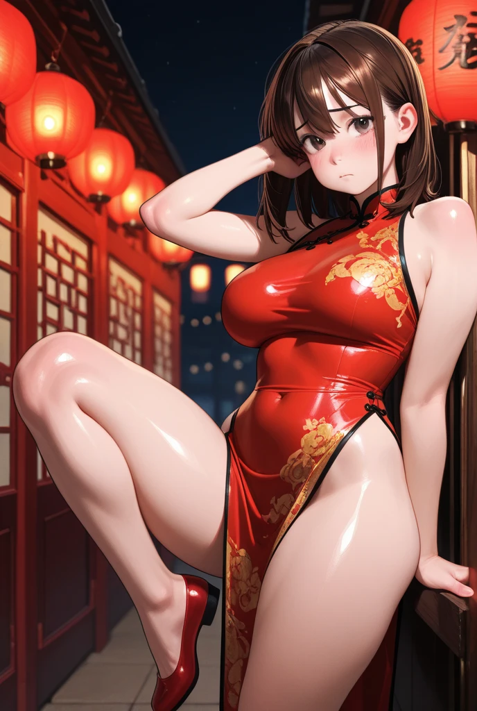 (top-quality: 1.3), (​masterpiece: 1.3), (The ultra-detailliert: 1.3), (wall-paper, one girls), ([Diamonds: 1.3|The eye]:1.2)、(Perfect beautiful red cheongsam style leotard:1.5)、(Red-haired:1.3)、Longhaire、poneyTail、(Beautiful Large Breasts:2.0)、fullllbody、Chinatown、ssmile、Highkick、Wearing nothing but a leotard