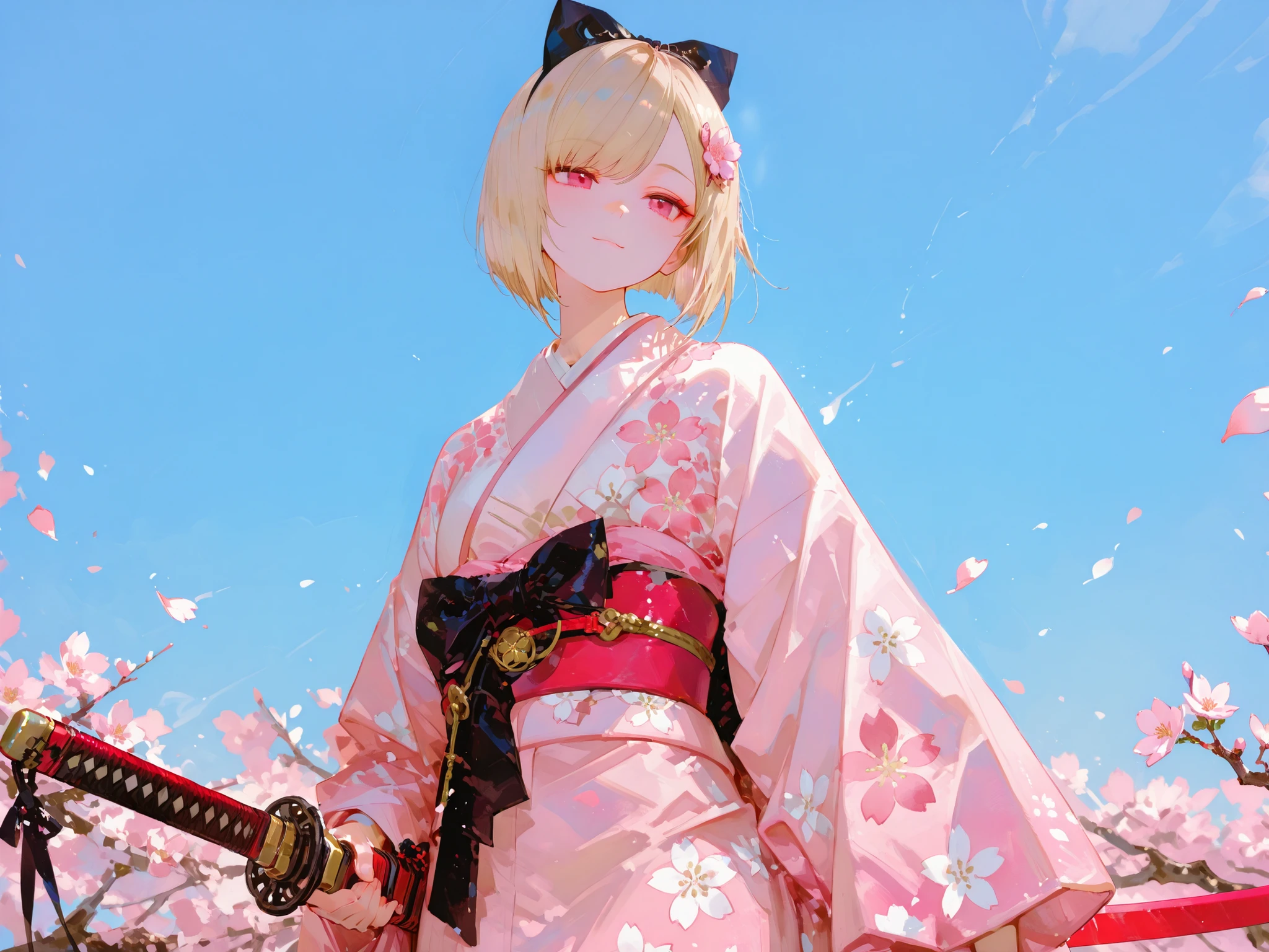 A young woman standing under a clear blue sky, is surrounded by delicate pink cherry blossom petals floating in the air. She wears a traditional Japanese kimono with soft pink hues, plus deep The red belt that hangs around her waist. The flowing sleeves of the kimono suggest movement, ,Subtle gradation increases the depth of the fabric. Her light blond hair is styled and dressed in a slightly messy bob, Decorate with a simple black ribbon bow, adds an elegant touch. What she holds confidently in her hand is a katana, Its blade shines in the sun, shows her readiness and strength. with a soft cherry blossom background The focus features, Their branches are covered with flowers, It creates a serene atmosphere. The entire scene exudes a fusion of elegance and determination, captures timeless beautiful moments and determination.