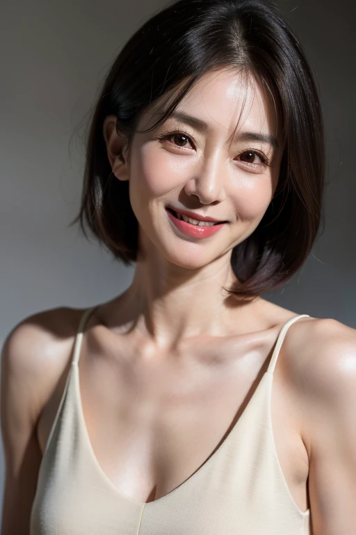 masterpiece,highest quality, (1人のMature Woman、42 years old), ((close:0.5)), ((Cross Arm)), Glare, (lingerie), Japanese, Lip gloss, (smile:1), ((close your eyes:0.85)), ((Looking at the audience、Whole body image、Are standing)), to be born, (From above:0.2), ((no one)), (Gray background)、(Short boule:1.2)、Written boundary depth、Pointy red mouth、(Reddish brown wet shiny short hair,,,,,,,,,),Red Mouth,clavicle、(Full body portrait:1.4)、Digital Illustration, (Photorealistic:1.3),(RAW Photos.),Bright smile,((Large Breasts)),E cup breasts,((Emphasize the chest)),Mature Woman