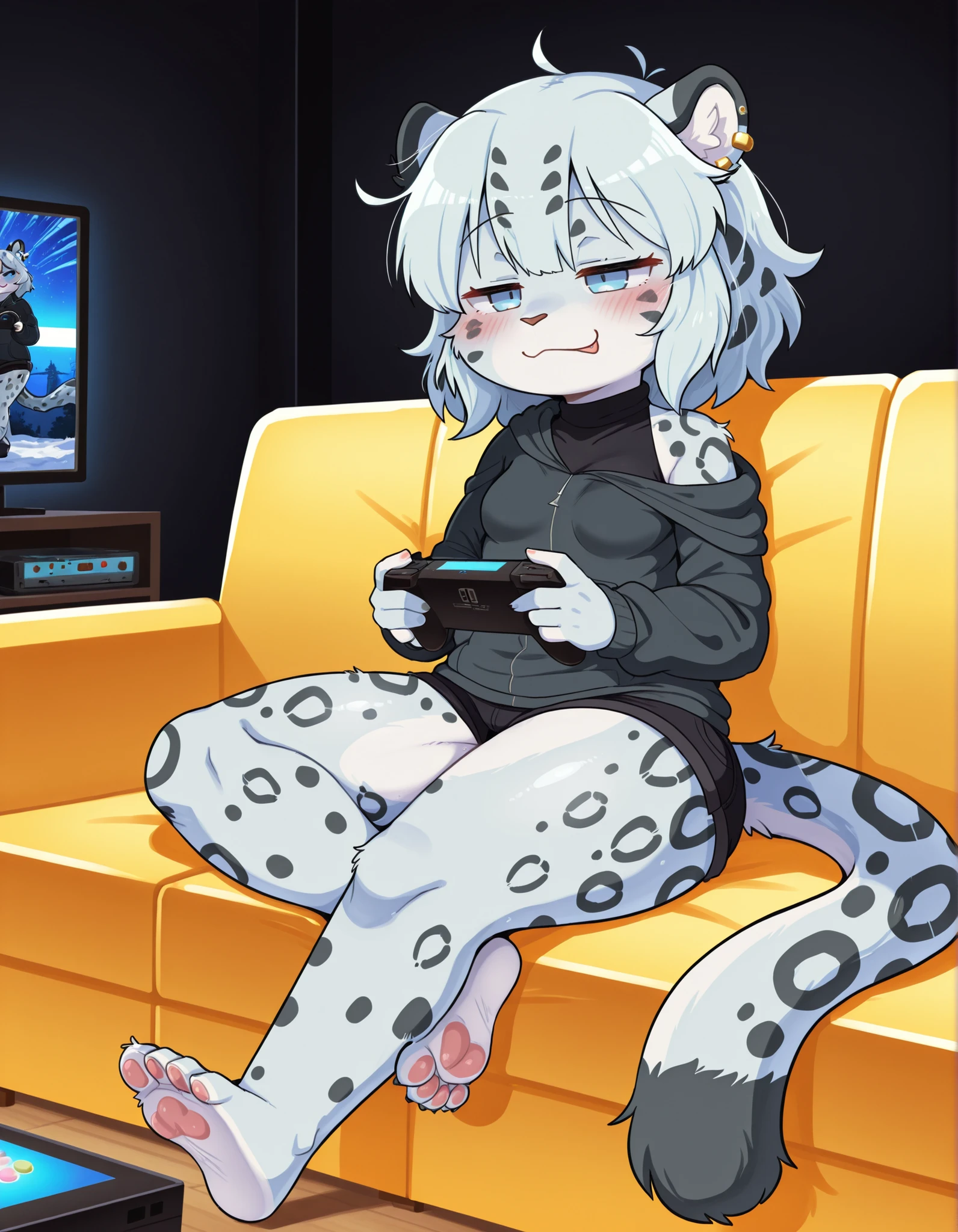 dagasiyuki, leopard tail, furry, (Masterpiece, best quality:1.2), 1girl, console, tv, playing games, living room scenery, night, couch, sitting cross-legged, dark lighting, detailed shadows, BREAK, 1girl, furry girl, snow leopar ears, snow leopard tail, short, ager, shortstack, female is cute, female is short, big thighs, soles, small breasts, clothed, blue eyes, smug, short messy hair, cute, vneck cyan hoodie, black mini shorts, black polo neck shirt, 1quarter closed eyes, focused, ear piercings in leopard ear, raised eyebrows, relaxed, mature, best quality eyes, comfy lighting, darker background, [[wide shoulders]], [[small head]], [[reduced head width]], higher eyes, [miniture head], adult proportions