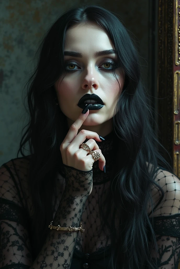 Foto RAW, retrato de una mujer con maquillaje, soplando una rosa negra en la mano, pale goth beauty, Goth makeup, Dreamy Goth Girl, blanco y negro, (Piel alta y detallada:1.2),8k UHD, DSLR, Soft lighting, alta calidad, Film grain, Fujifilm XT3, tetas medianas, escote