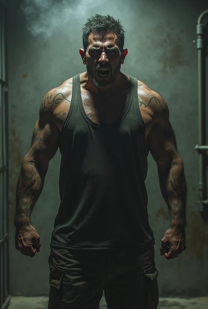 Images of a trained fantasy character, chained, escaping from an asylum without horns, with gym equipment in the background.