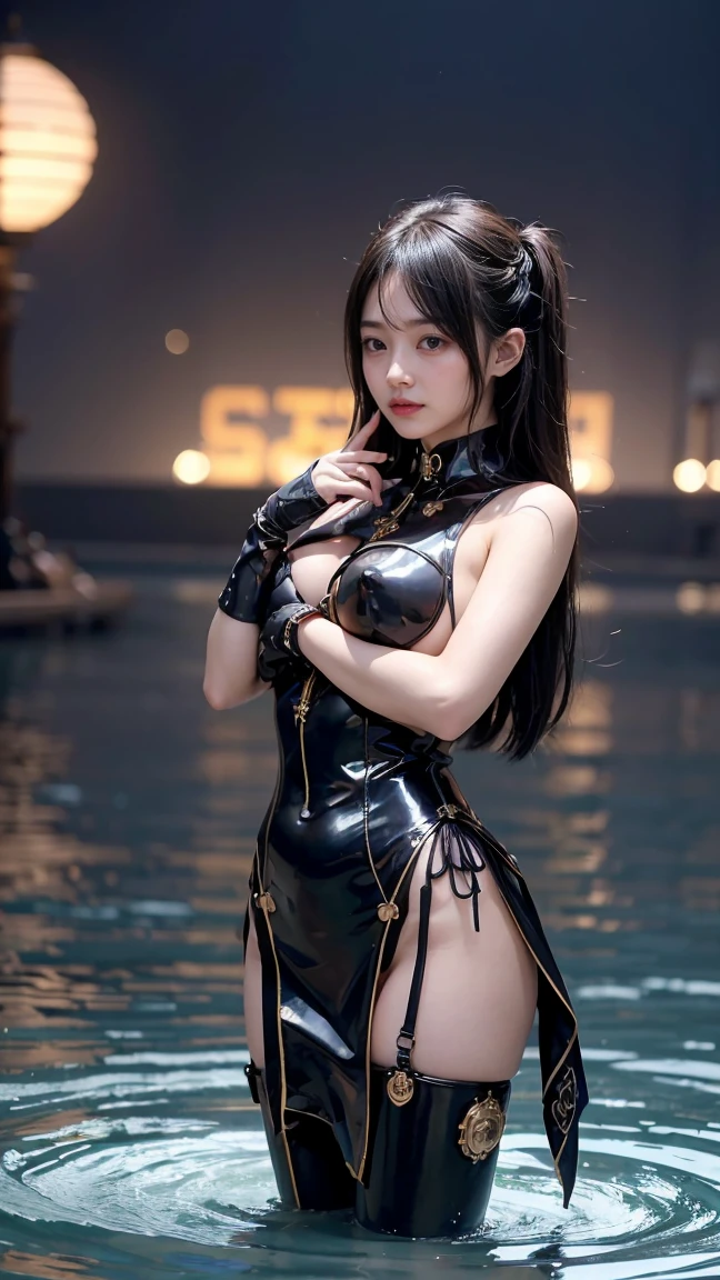 Exposed breasts, black stockings, humiliated by viscous liquid, best quality, masterpiece, super high resolution, (realism: 1.4), original photo, 1girl, (Sailor Moon: 2.1), a blue headdress with a small white crystal decoration in the middle, short hair, short blue hair, vibrant blue eyes, short skirt, looking at the viewer, pool of viscous liquid in the background, dynamic pose