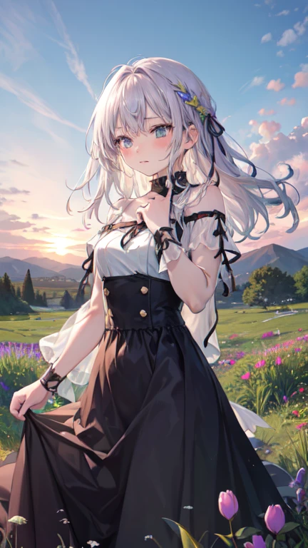 1girl, ((medium-small breasts)), standing in a flower field, (((happy))), crying, happy tears, tears, crying with eyes open, smile, ((full-face blush)), (thin eyebrows:-1), ((straight hair)), (hair intakes:1), white hair, (very long hair), purple eyes, (pointy ears), (((from front))), close-up, ((sunset)), flower field, meadowlands, masterpiece,
