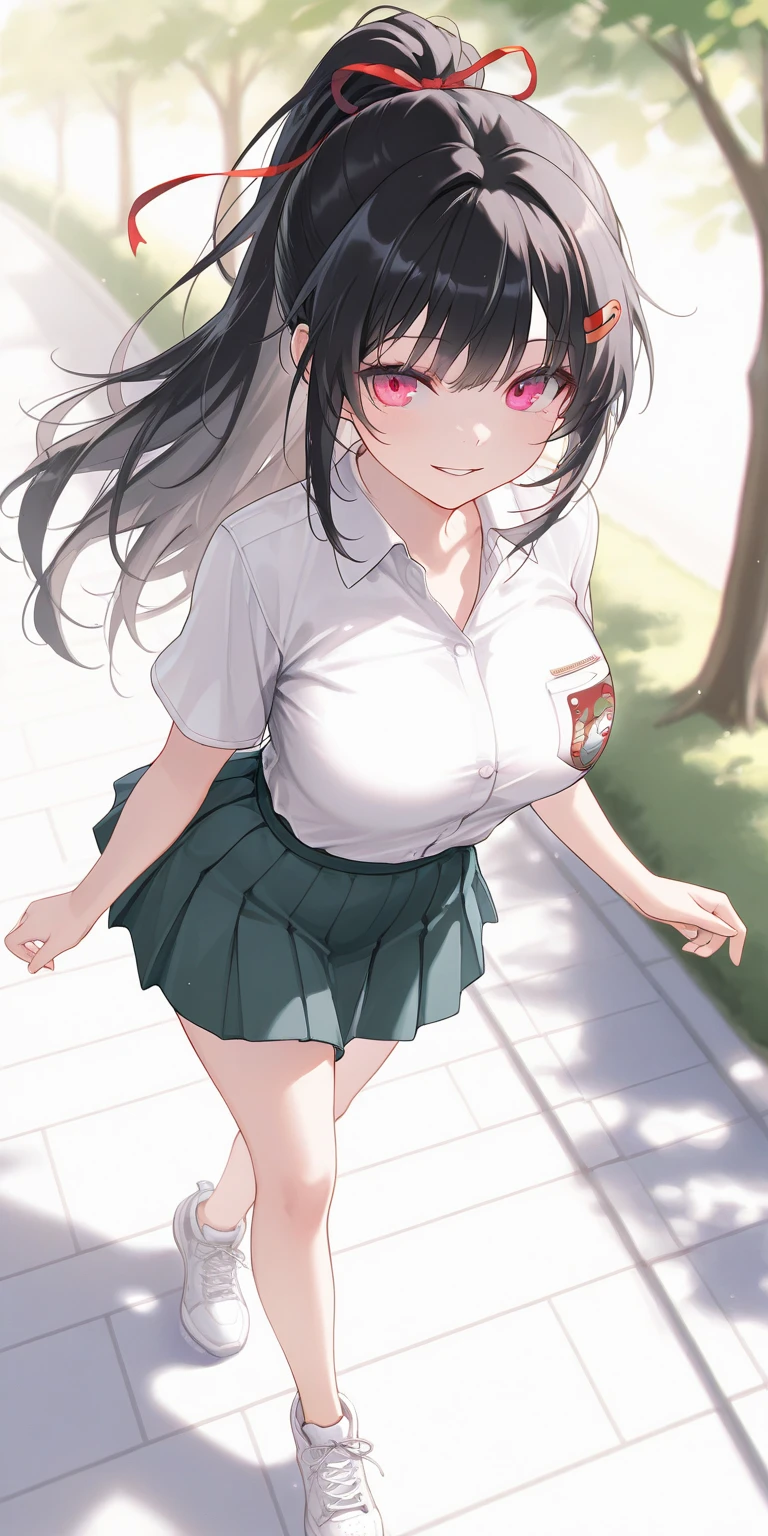 ((super high quality,Ultra-high resolution,16K,super masterpiece,Ultra HD,Ultra high definition,))One high school girl,White bunny ears,Very long straight purple hair,Slender body,Black blazer,All buttons are unbuttoned,White dress shirt,Long red tie,Pink mini skirt,White socks,blush,Looks at me so shyly,((Leaning forward greatly:1.5,Hands tucked between the crotches:1.8,))Sweaty,Bamboo forest in the morning sun,(In a strong wind,My hair is in a big mess,The skirt lifts up,)Angle looking up from below,