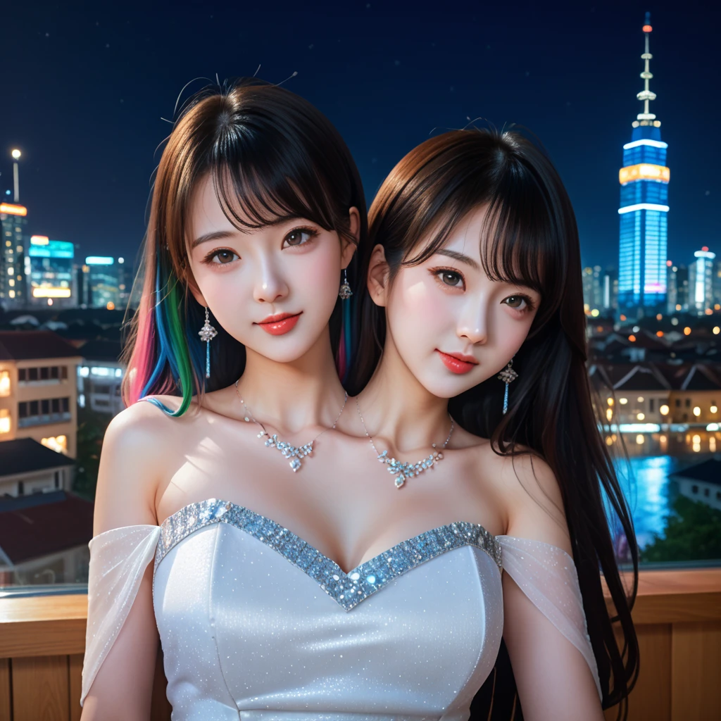 (Realistic painting style:0.9), masterpiece, best quality, Ridiculous, looking at the audience, alone, Bronya Zajczyk (silver wing n-ex), Bronya Zajczyk, Red pupils, 1 girl, alone, breast, long hair, skirt, gray hair, Cleavage, looking at the audience, Smile, Keep your mouth shut, Bangs, Gray eyes, jewelry, 單Gloves, earrings, white skirt, Gloves, Bare shoulders, Sleeveless skirt, drill hair, Sleeveless, single sleeve, Hair between the eyes, large breast, double diamond, White sleeves, hair accessories, single shoulder armor, City, night