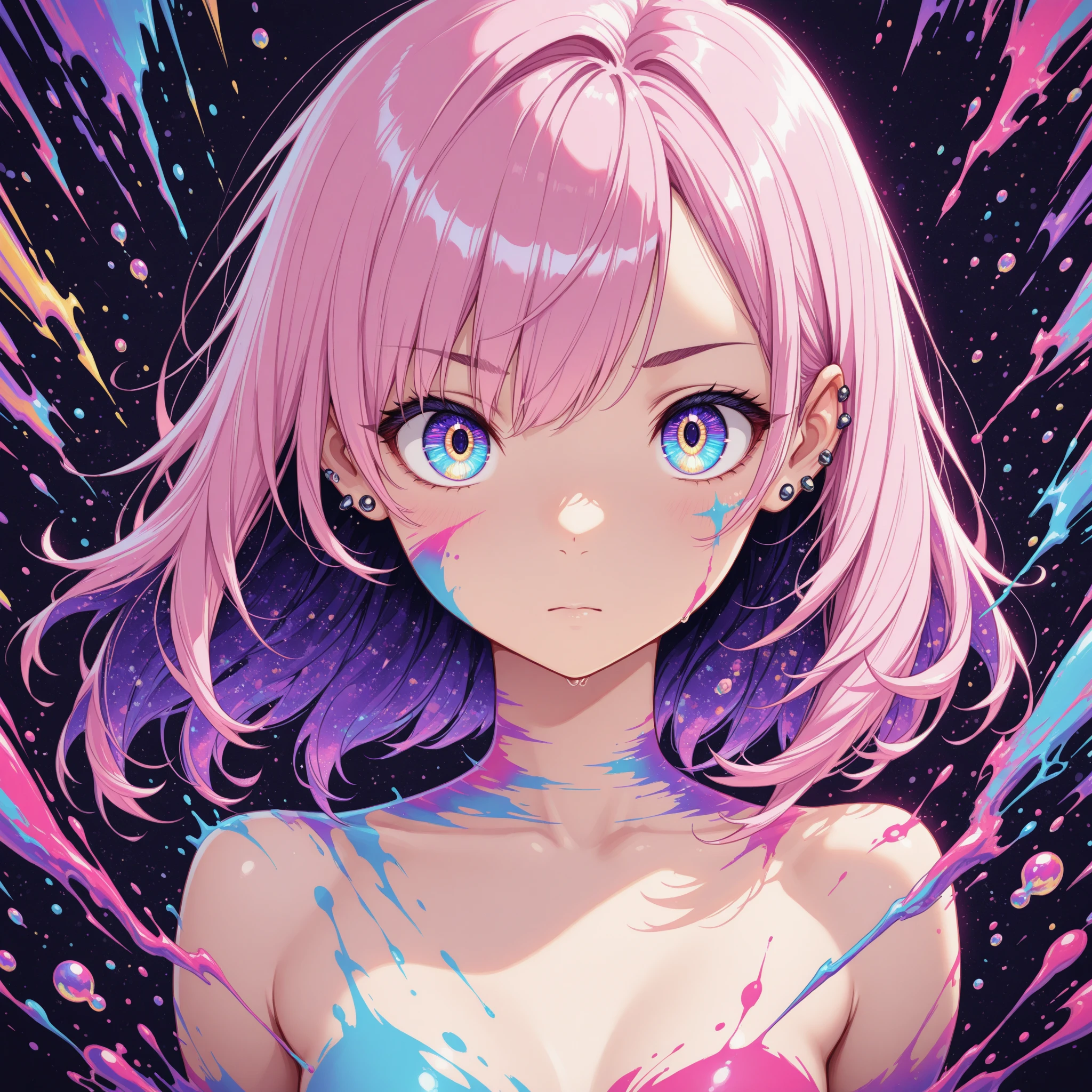 1girl, eye focus, pink eyes, aqua eyes, heterochromia, pink hair, aqua hair, multicolored hair, hair between eyes