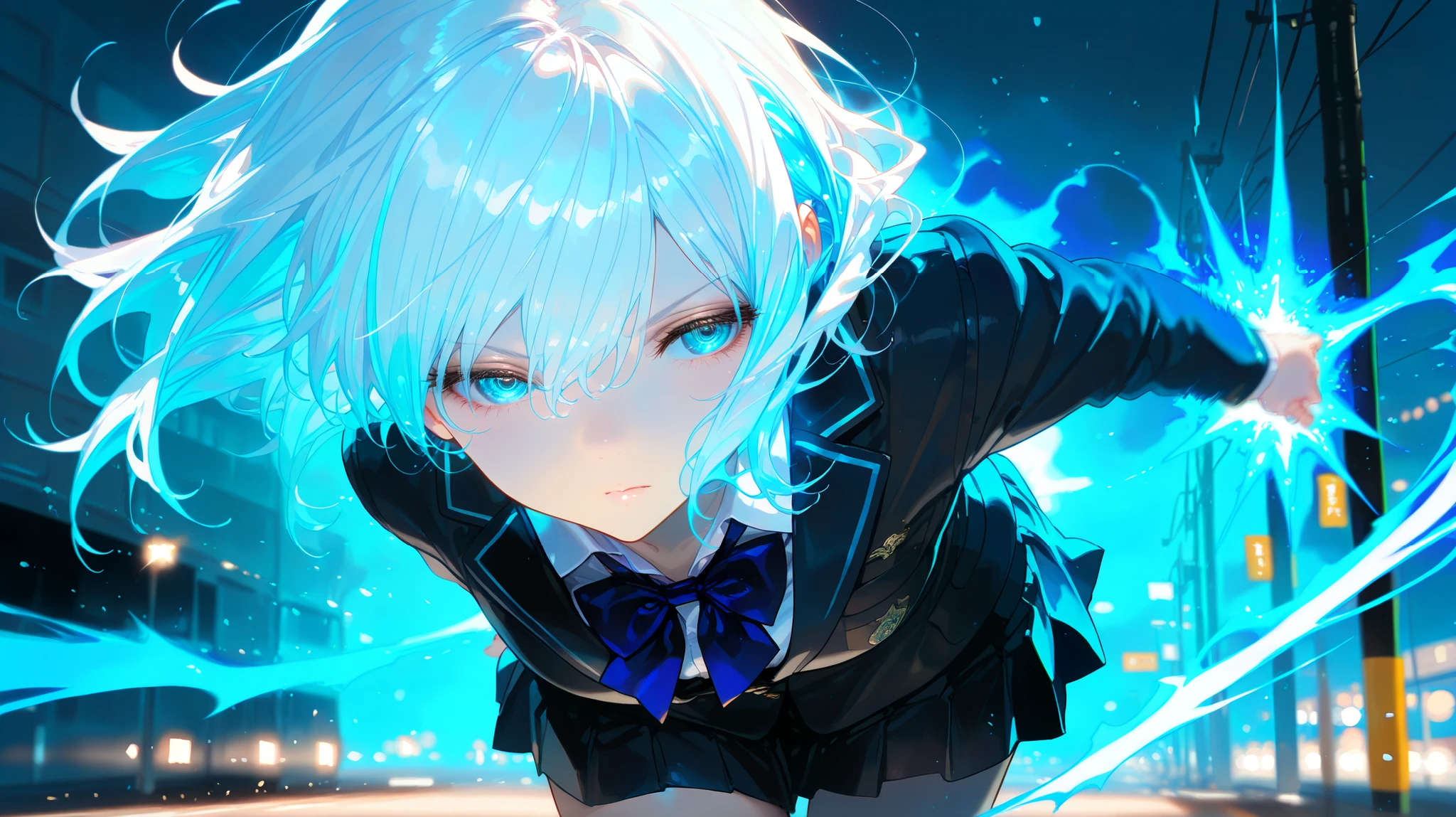 1girl, white hair, multicolor hair, school uniform, walking forward as fragments of memories float behind her, each glowing faint blue, defiant expression, wind blowing hair, monochrome world splitting with blue energy lines, cinematic lighting, motion blur, Depth of field, 748cmstyle, (((masterpiece))), (((best quality))), (8k), (detailed illustration), (((detailed beautiful face and eyes))), (((super fine illustration)))