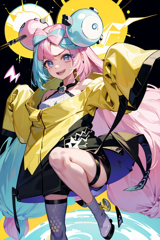 Highest quality、masterpiece、Anime Style、Pink hair and blue eyes、Baggy yellow jacket、Raise your right hand high、Lower your left hand、Stand with only your right foot、Lift your left leg。Sharp teeth、smile、Modern city background、Purple to yellow gradient eyes