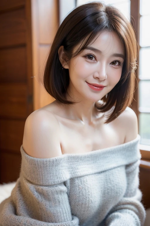 Top quality, masterpiece, Ultra-high resolution, Reality, 1 girl, Off-shoulder, knitting, Smile, Smile, The are slightly visible, Oversized_sweater, Soft lighting, Delicate skin, Bangs, Black Hair, Clear eyes, Short Bob Hairstyle, transparency, Japan, Korean, Beautiful woman, Upper Eye, Lip Gloss, Black chunky necklace, Teardrop, Mole on , Bright spots in the eyes