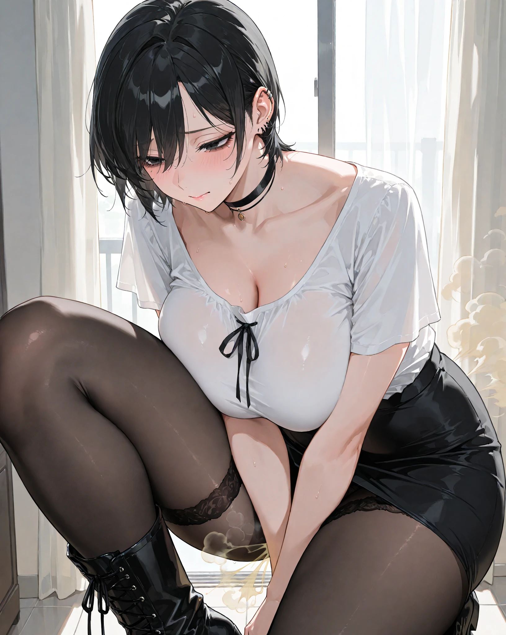 Black Hair Shortcuts hair band Sukesuke white bra See-through white panties White knee-high socks Beautiful breasts Scared