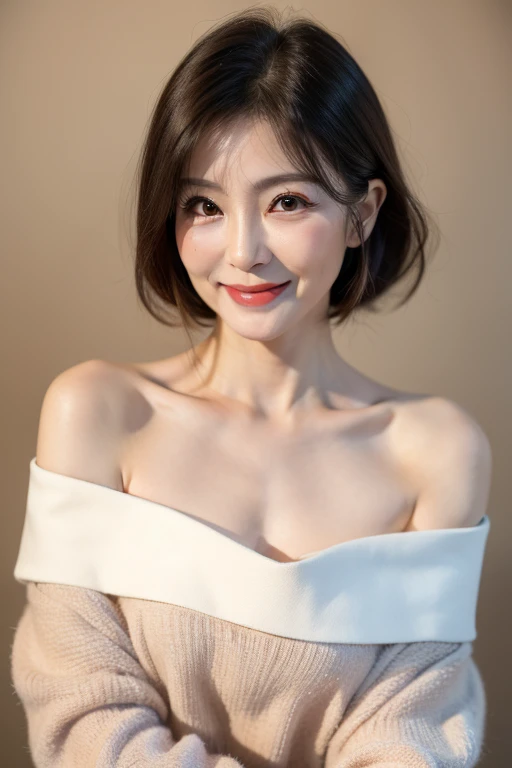 ((Highest quality)), ((masterpiece)), (detailed), Perfect Face、(Mature Woman:1),、(48 years old),、Red Party Dress、Lip gloss, (smile:1),clavicle, ((Looking at the audience)), (Medium Hair ), (The whole body is visible) , Slender figure , With eyes wide open , Perfect round eyes , Fine texture , (Photorealistic:1.3),(RAW Photos), 8K, 非常にdetailedな, Highest quality,