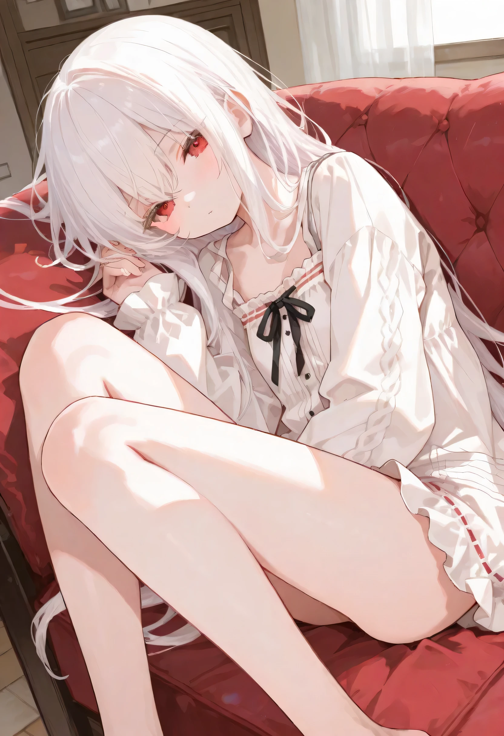 best quality,Perfect fingers,Practical:1.37),A girl lying on the bed,[Messy long hair],[White hair],[Red Eyes],[Wet clothes]