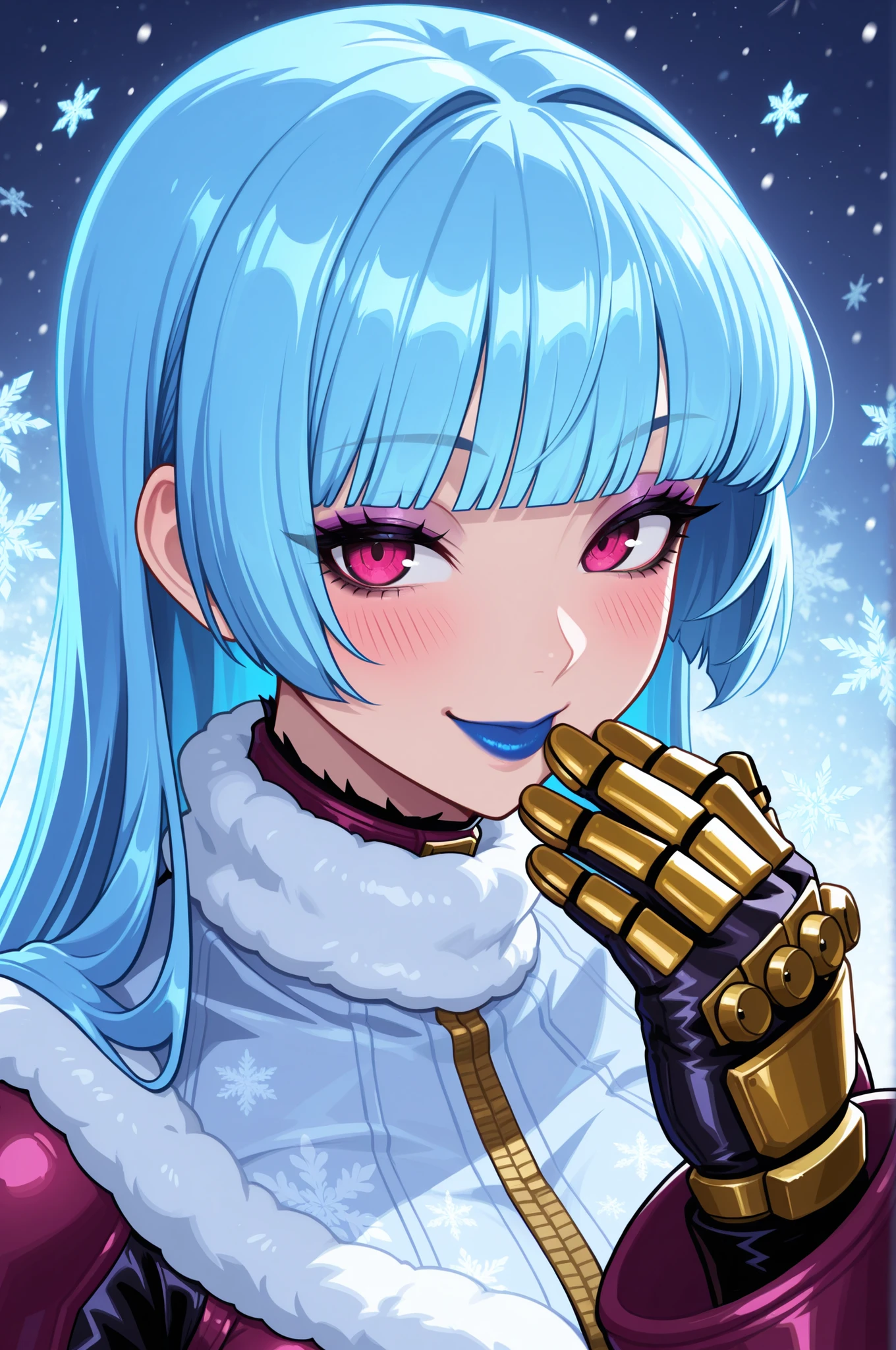 masterpiece, best quality, absurdres, newest, very aesthetic, amazing quality,highres, solo, Kula Diamond \(king of fighters\), blue hair, hime cut, purple eyes, gloves, (1girl), (detailed face:1.2), (detailed eyes:1.3), black eyeliner,purple eyeshadow, blue lipstick, blush, flirting, snowflake, high resolution, 8k wallpaper, Distinct, magical atmosphere, beautiful background, high quality, snowy background 