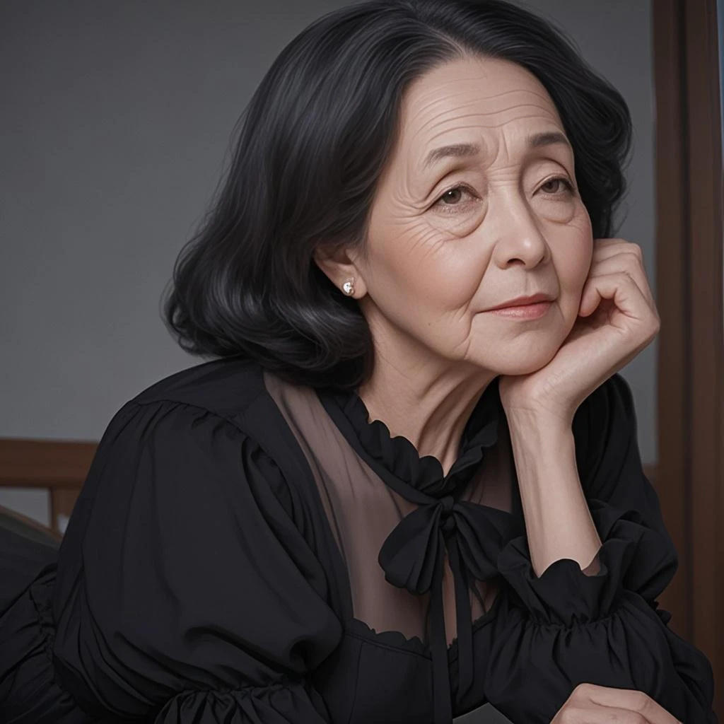 Beautiful mature woman、70-year-old woman、Photo of your ID、Red lips, Thin lips, Mourning clothes、Light from the front,