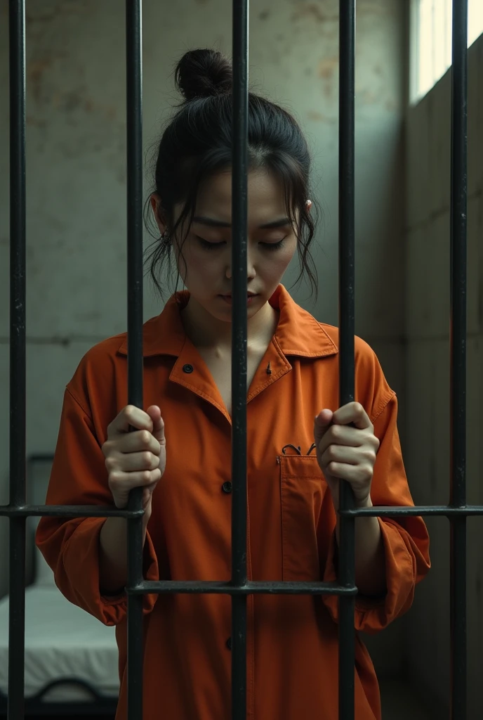 a 20 yo brunette with a ponytail is in a prison cell. She is wearing a orange jumpsuit. She is sitting on the toilet of her cell. She looks very sad and she is very cute
