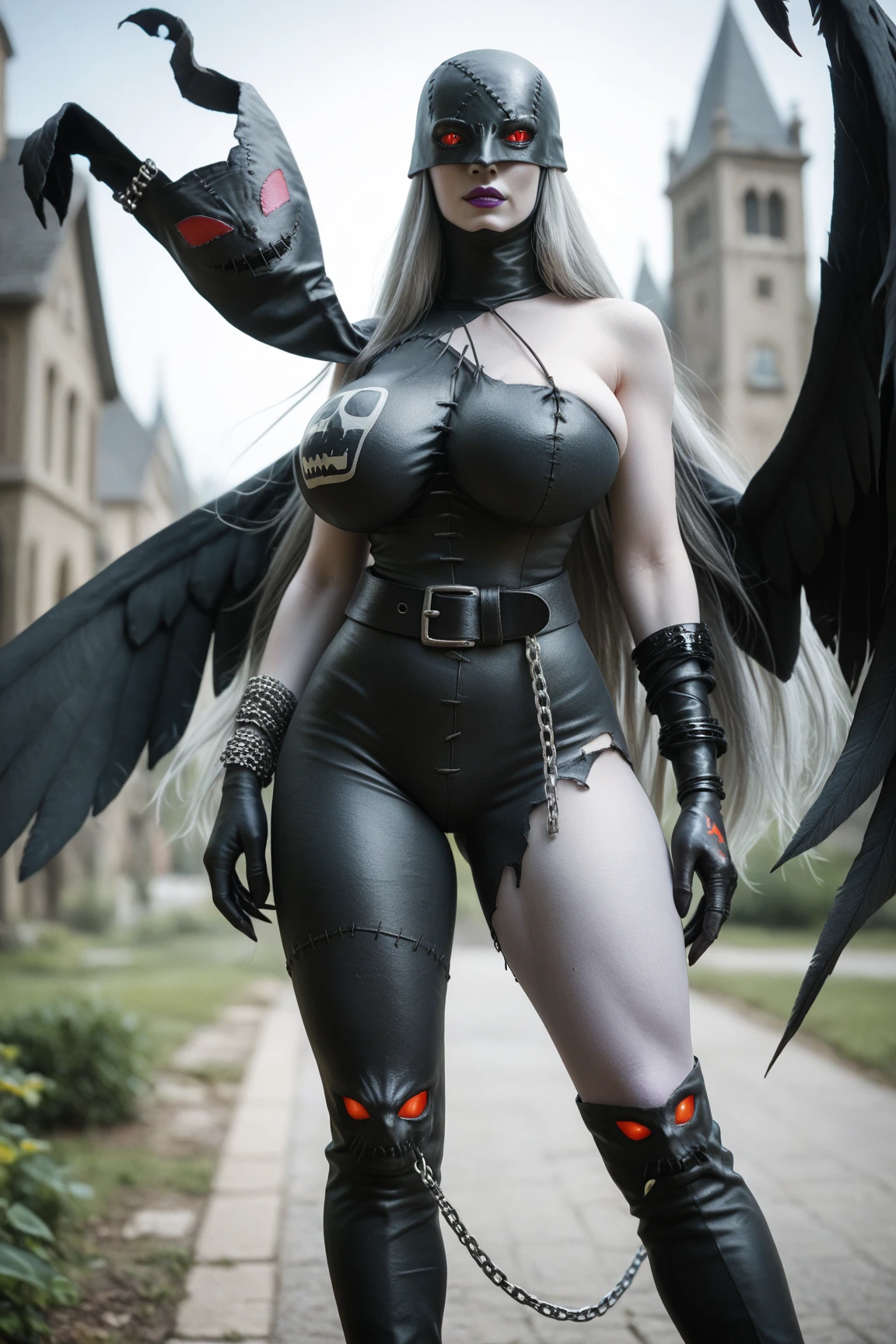 full body image, (Realistic picture, highest resolution, 16K), big wingsทุกปีก, (A demon with large wings and immense power., Twelve wings on the shoulders., Three black bat wings:1.5 , 3 white angel wings:1.5), Has 100 wings on the shoulders, There are 1000 wings that flow., Twelve wings on the shoulders., black bat wings:1.3 white angel wings:1.5), 6 angel wings, 6 devil wings, (Beautiful girl with two meter long hair, Shiny black hair, Smooth white skin, Lips are very red.), ((stand, Walk)), (big breasts, big tits), (gigantic breast, breast augmentation, Breast 400 cc., small waist, hips raised, small thighs, Long legs), (dynamic poses), (Armor that slightly conceals the body), Separate theme, (Angel wings and devil wings), Floating from the air above the ground, Isolated sky background, Embraced with twelve wings, The horns that grow from the head are like a crown., He who has light, wears little armor, There is power coming out of the body., sparkling wings, white light black light, amazing wings, beautiful gesture, 8K resolution, beautiful gesture, Angel wings and devil wings, (Realistic picture, highest resolution), (Large, powerful wings, Wings are much larger than the model's body.), (RAW shooting:1.5, realistic:1.5, dark fantasy:1.5), (Highest quality, Masterpiece, Ultra high resolution), The Desolated Demon World, ((Perfect dynamic composition:1.7, Detailed tattoos all over the body:1.6, Wear exquisite jewelry:1.6)), Highly detailed skin and facial features:1.3, Details of the limbs, (ปีศาจซัคคิวบัสสุดเซ็กซี่big wings:1.3, beautiful and beautiful:1.3), War between gods and demons, chaos, darkness, fight, (Tight black leather outfit:1.3), big breastsที่กำลังจะระเบิด, Don't show your nipples, ช่องว่างbig breasts, Large breasts close together, (The expression on your face when you feel a strong touch., Facial expressions when feeling pleasure, A look sunk in joy), beautiful blue eyes, Eyes that give a feeling of elegance and beauty, sexy face, Blush, (Too erotic and cute:0.9, Fascinating:0.9), (An incomprehensible amount of fluid flows throughout the body., Six pairs of large wings, Large devil wings, The size of the devil's wings, Amazing wings, The bloodline of the gods and demons is strong., Can see the whole body, big wings, Wingspan