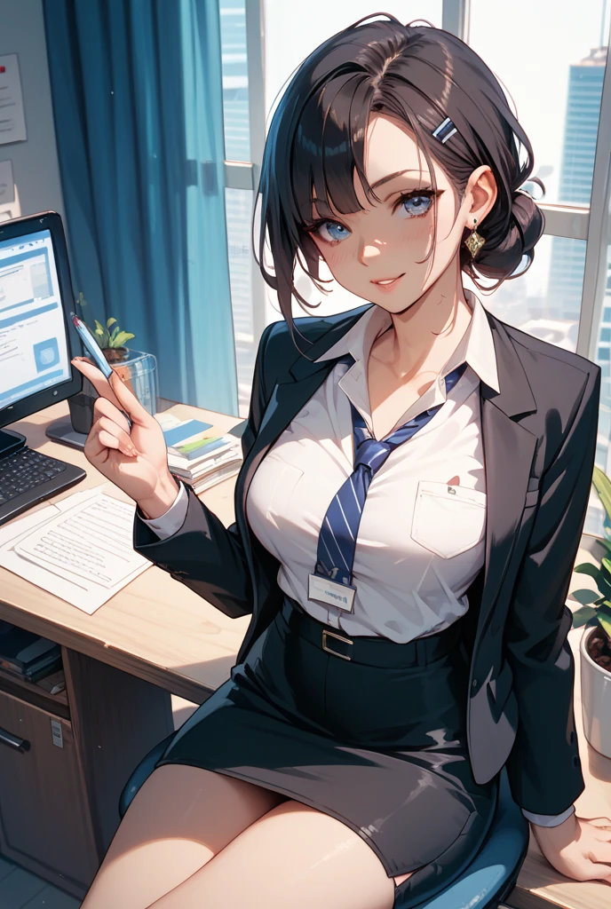 (masterpiece, best quality), a young black haired girl office secretary dressed in a transparent white blouse and black office skirt and black pantyhose ,sitting in an office chair, holding pencil, (detailed skin:1.3),(detailed eyes), (sharp focus),