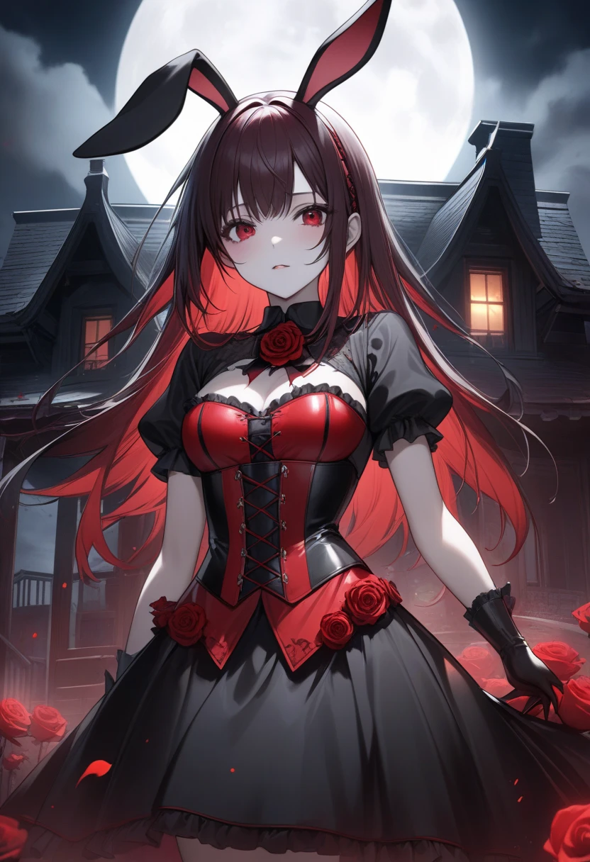(doll:1.5),(Marionette:1.4),girl,((Crimson Hair:1.3)),(Curly long hair,:1.35),(Red eyes:1.45),(フランスdollのようなゴージャスなドレス:1.5),(Princess-style clothing with plenty of frills and lace:1.45),(A dark space like a haunted house:1.45),(jewelry、Ribbon ornaments、accessories:1.35),(dollが部屋にたくさん:1.5),(Red and black and white and red:1.4),(Fearless Smile:1.25),(A suspicious smile as if he's plotting something:1.2),((Bloody Doll:1.5)),((Horror:1.4)),((👻:1.3)),(Face close-up:1.1),