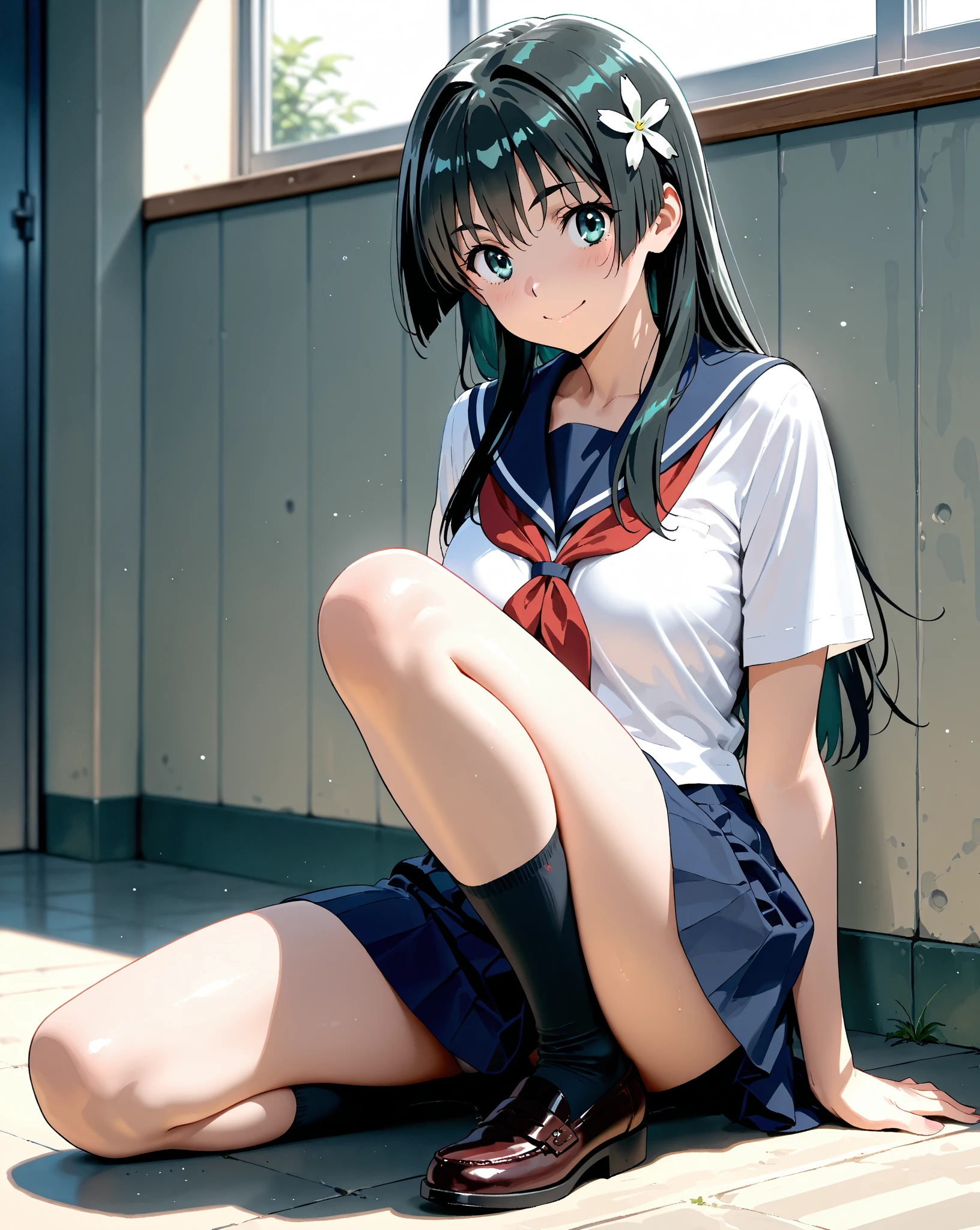 masterpiece, ultra quality, ultra sharp, ultra detailed, 1girl, solo, (((good anatomy))), haduki kurumi, (tattered torn dripping wet white gym shirt), navy gym pants, animal ears, randoseru, name tag, Japanese anime pose, laugh, BurumaShorts, Buruma, Gym Uniform, (((lying:1.4,  spread_legs, legspread, split_legs, spreading legs)), (randoseru backpack:1.4), (smug smile), buruma, blue buruma, black buruma, (cameltoe), (tattered torn short sleeve white gym uniform with colored hem), (tiny nipples), (white long loose socks), strong lighting, legspread, bukkake, cum on clothes, cum on legs, cum on buruma, cum on bloomers,