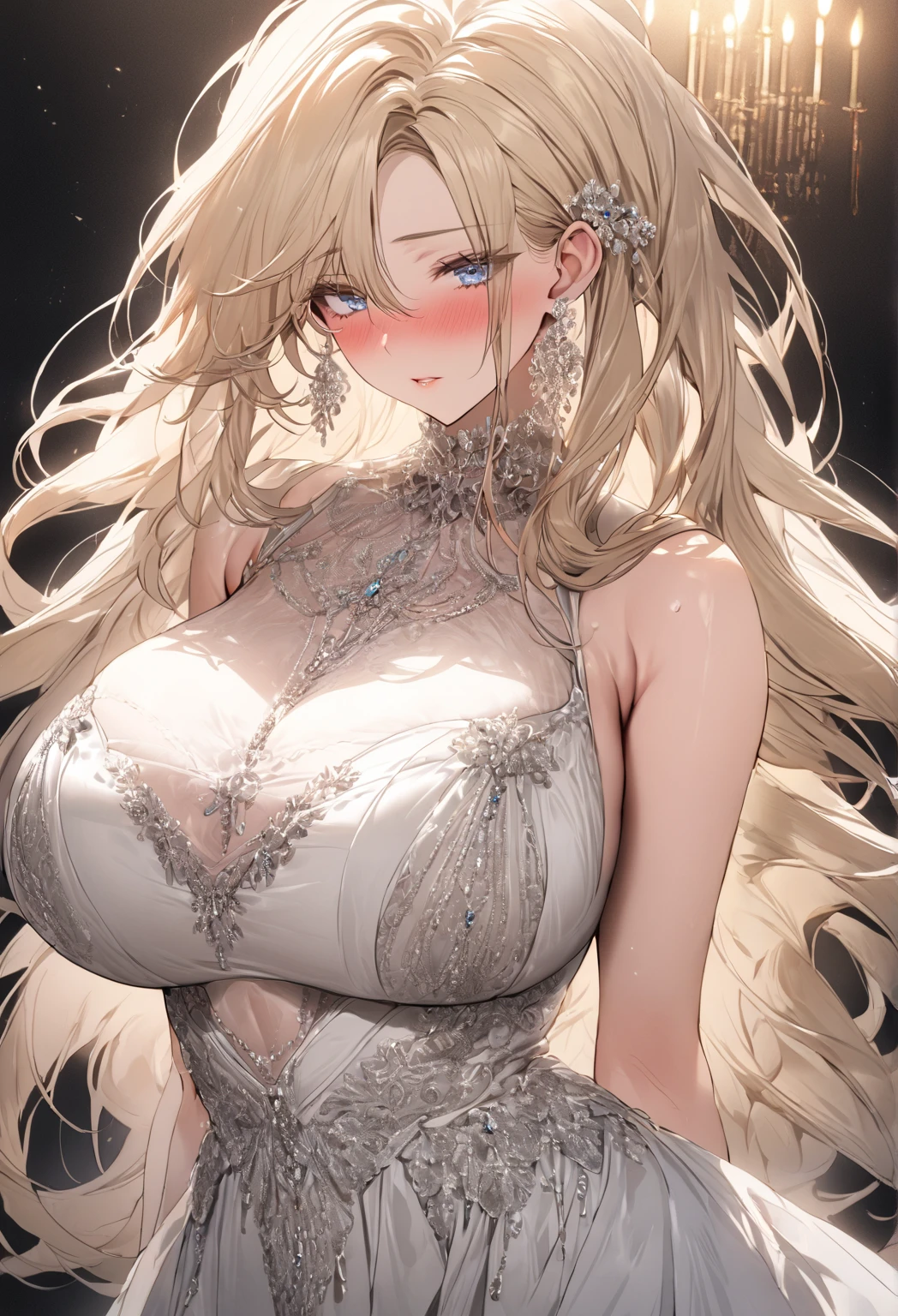 One woman,Big Breasts,Blonde Long Hair,White off-the-shoulder dress(1.5)