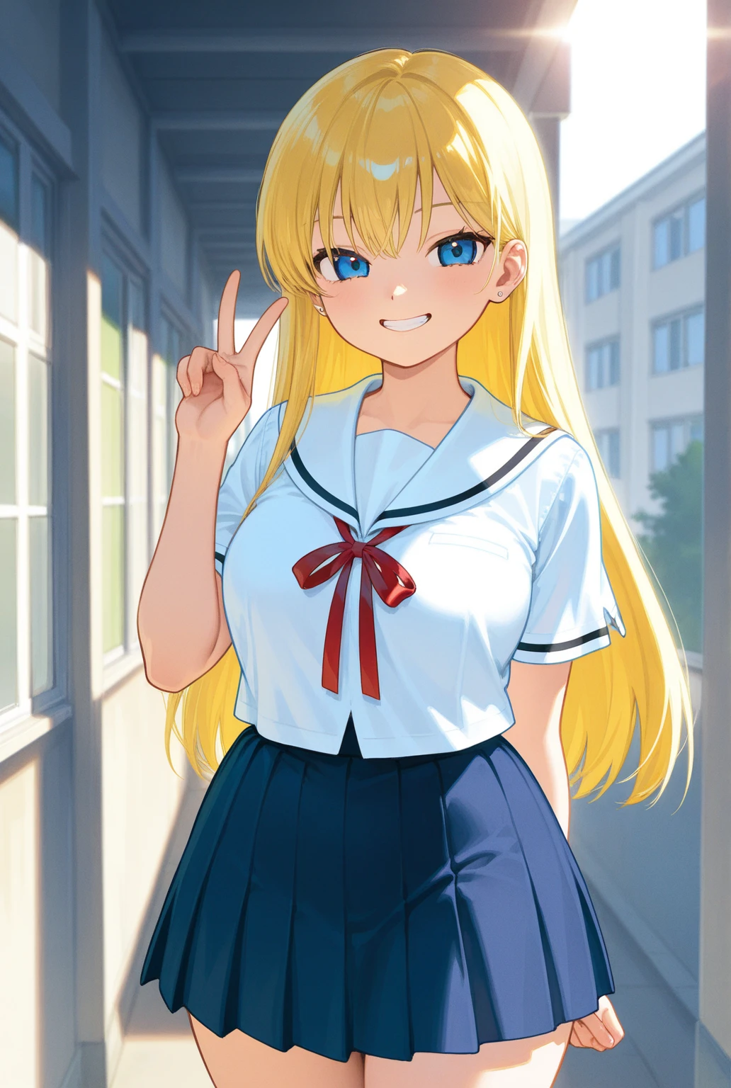 masterpiece, best quality, 8k, complete anatomy, Japanese female, blonde hair, (big breasts:1.4), high-school uniform, white short sleeve shirt, blue striped tie, navy plaid skirt, baseball cap, shy-smile