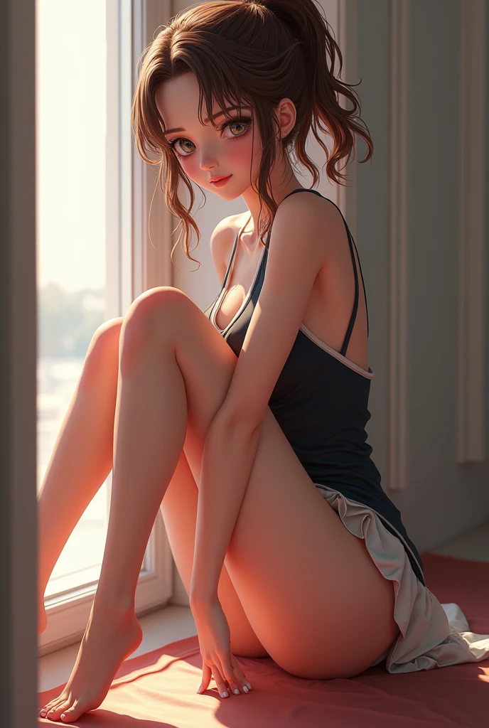 1girl,looking_at_viewer, brown_hair, cleavage, collarbone, lips, long_hair, looking_at_viewer, huge_breasts,sunshine,
nail_polish, sitting, solo, One-piece underwear,dress,anime,by key visual Laurent Parcelier Pascale Campion, reflected light,
best quality,
high resolution,