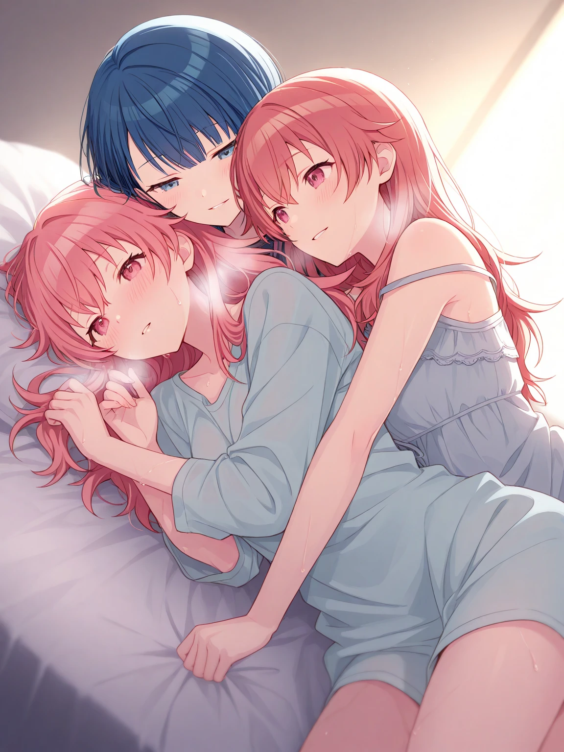 Illustration, beautiful detailed eyes, beautiful detailed lips, two hands, extremely detailed eyes and face, long eyelashes, cold skintone, flat chest, 1girl, (the best quality,4k,8k,high-res, masterpiece:1.2), ultra-detailed, (realistic, photorealistic, photo-realistic:1.37), soft lighting, cold colors, flowers, fine texture, ill girl in bed, orange hair, (exhausted look), white blanket, sitting in bed,