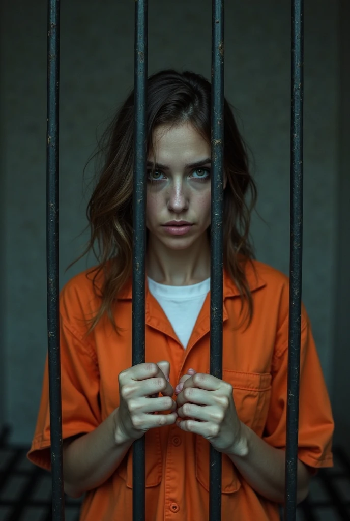 A girl in a cage tied with ropes, the girl is assisted, she's wearing a dress that looks like a long t-shirt and yellow heels. The cage is small, make her kneel holding the cage bars.