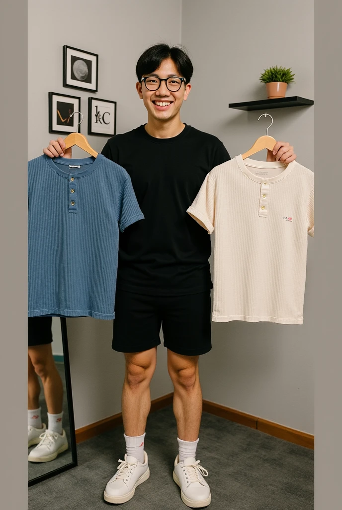 Two Japanese boys、Height difference: 12 years、Both are very short、Muscles and smooth skin、Very short hair、Relaxed and cheerful smile、Very manly pose、Lightweight boxer briefs、Posing muscles、put your hands behind your back、