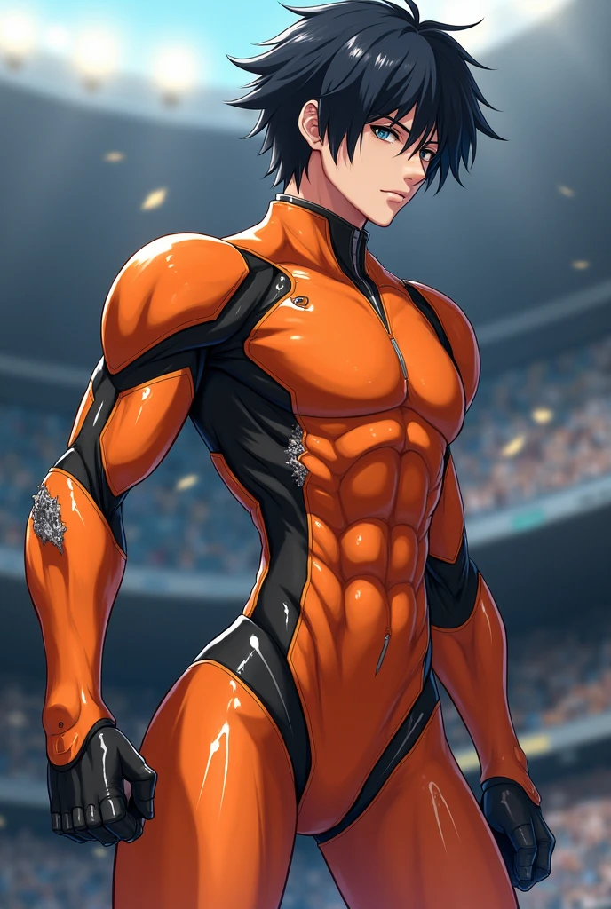 Cool anime boy in black and red tanksuit, Black and Red High Leg Racing Swimwear, wearing a swimming wear, garments:High-cut swimwear, In pixiv, Male protagonist , onepiece swimsuit, Competitive swimsuit, high-cut, Hand pose behind his body!, pixiv, Swimsuit, muscular!!, high quality fan art, Muscular men, swim wears, highly detailed exquisite fanart, glossy wet skin!!, oc commission, splash art anime, cutesexyrobutts, highleg, Blue-eyed boy, Boy with short ash-haired, High Leg Racing Swimwear, ???? shoulders, ???? legs, ???? arms,