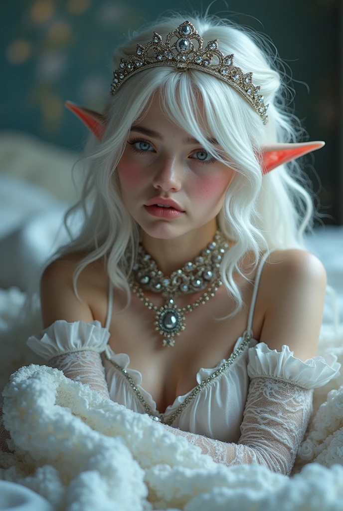 (wedding dress, short, open stomach), lace white lingerie, blonde, woman, (elf ears), solo, in bed, large breasts, prominent chest --auto --s2
