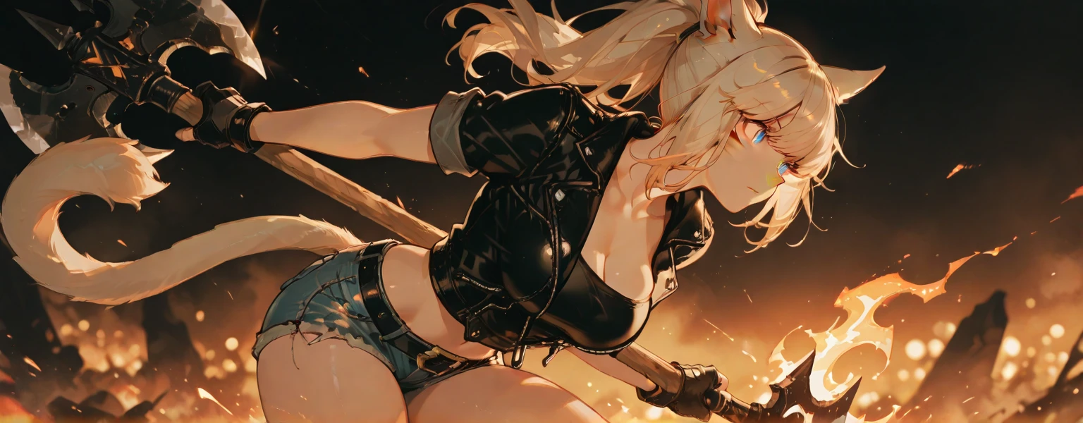 最high quality、best image quality、masterpiece、age girl((20-year-old、 By becoming、vest bust、medium bust,wide open breast tea、black eye, blonde hair、long hair、thin,highest valley、Rear view、topless、big rose tattoo on back、green long pants)),high quality、beautiful art、background((Red smoke))debris flies、Depth of written boundary、movie、visual art、perfect art、8K,genuine