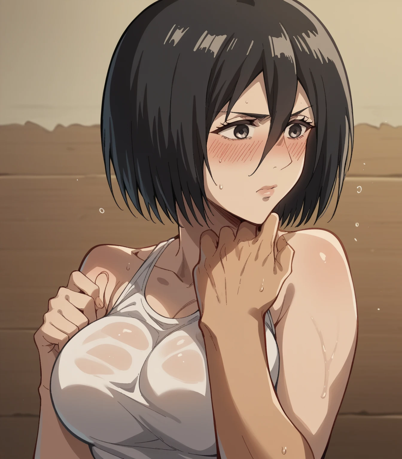 Outdoor、Full nudity、Sweat、Spread your legs、squat、Showing off your armpits、blush、Angry face、Wrist restrained